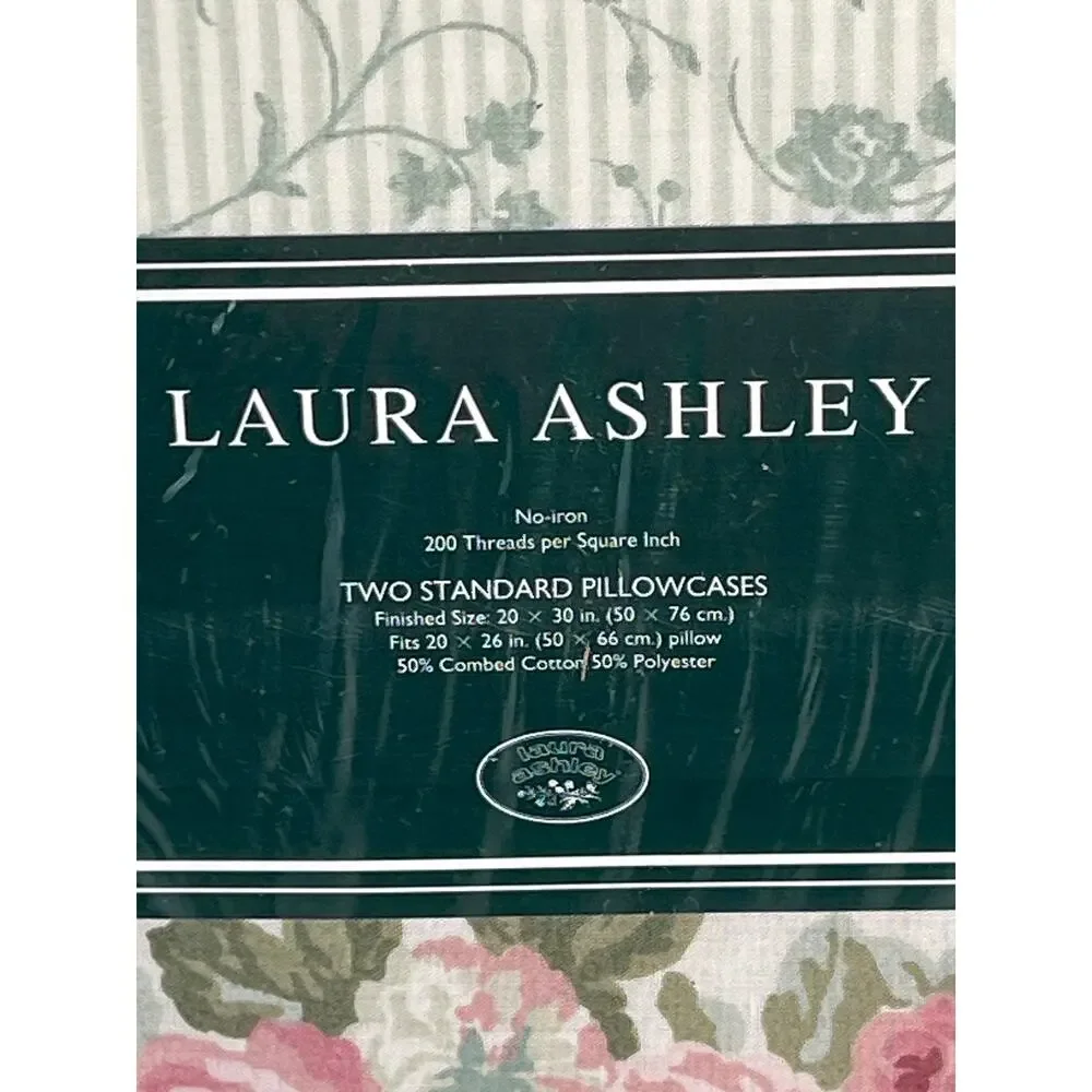 VTG Laura Ashley Cottage Rose Standard Pillowcase Set 2 Pink Green Stripe NIP